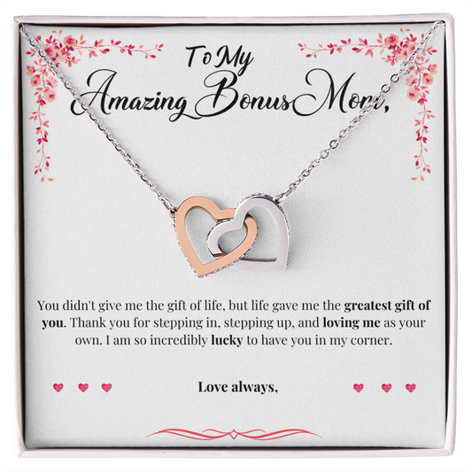 To My Amazing Bonus Mom - Interlocking Hearts Necklace